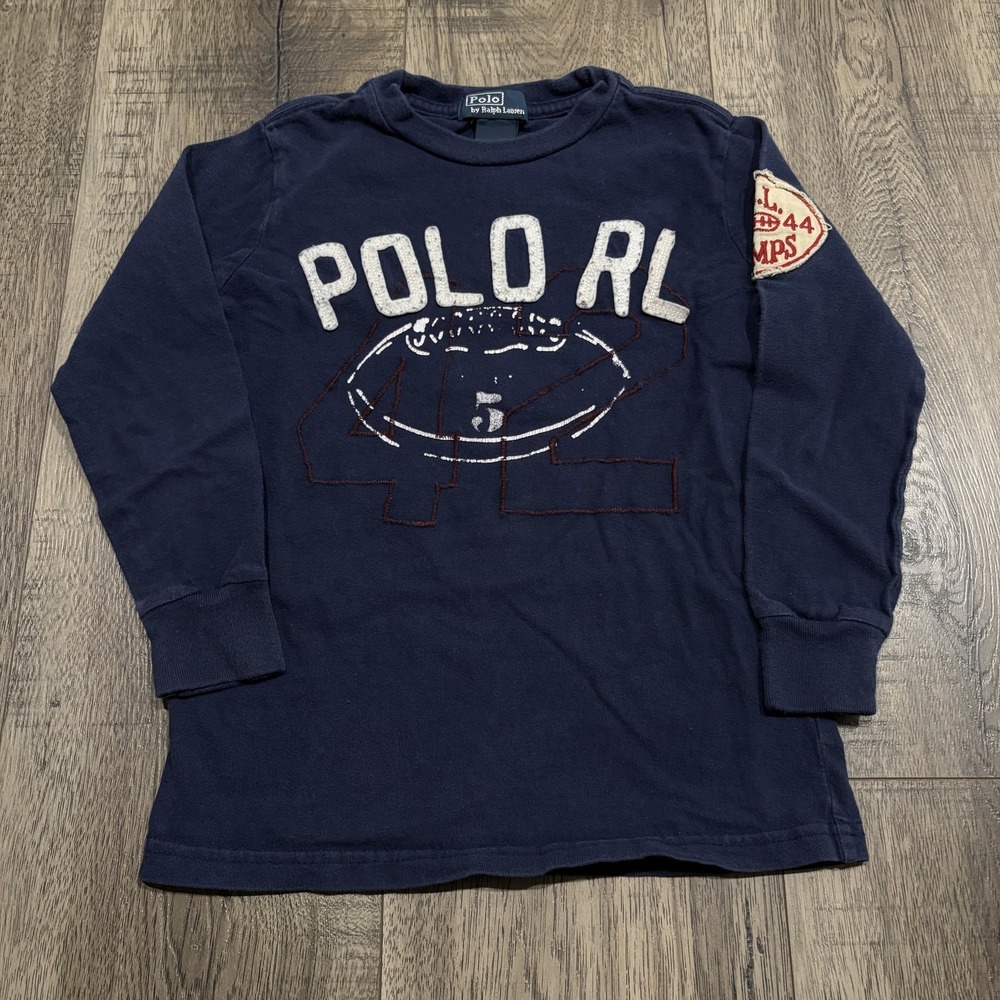 Polo By Ralph Lauren Shirt Boys 5 Navy Football Graphic Logo Long Sleeve Tee VTG